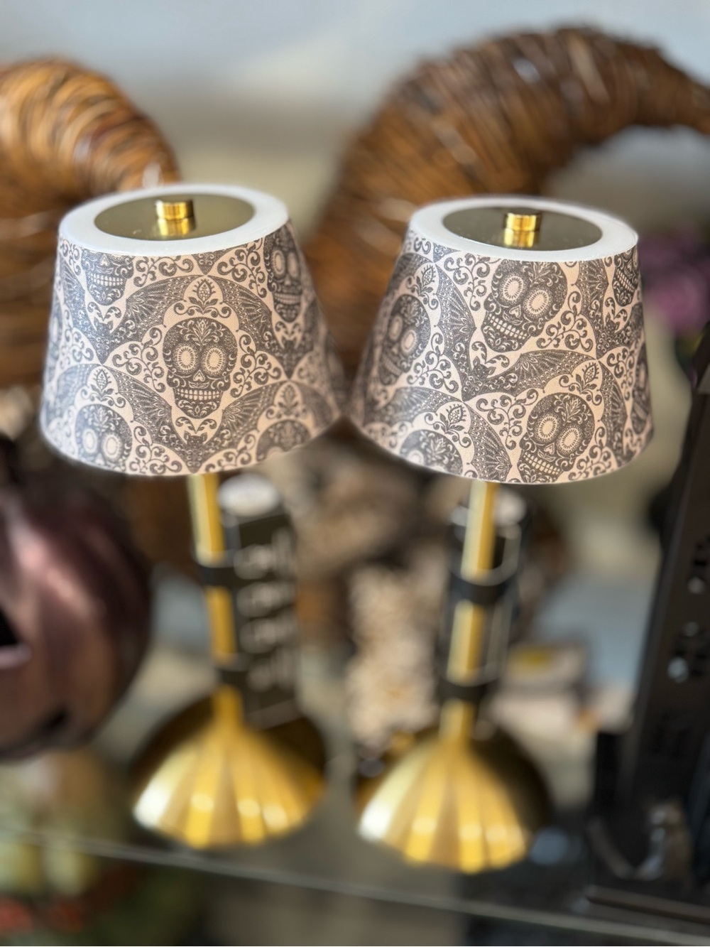 2 Gold Table Lamps with Gray Skull Pattern Shades